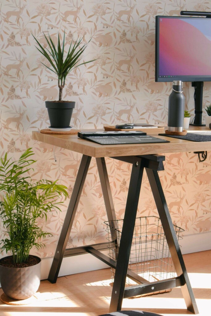 Scandinavian style home office decorated with Enchanted forest peel and stick wallpaper