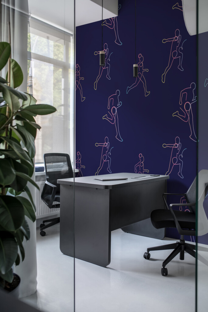 Peel and stick wall murals with line art runners on blue background by Fancy Walls