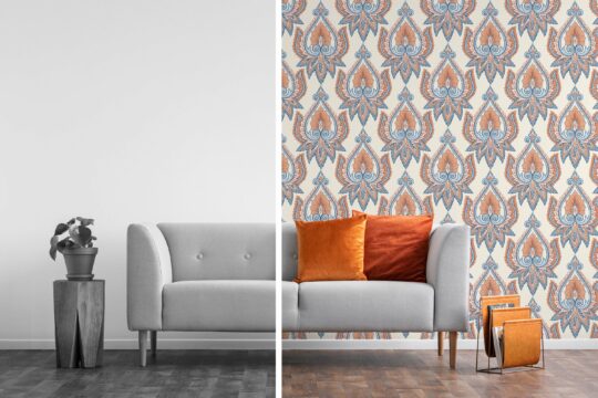 orange and blue antique unpasted wallpaper