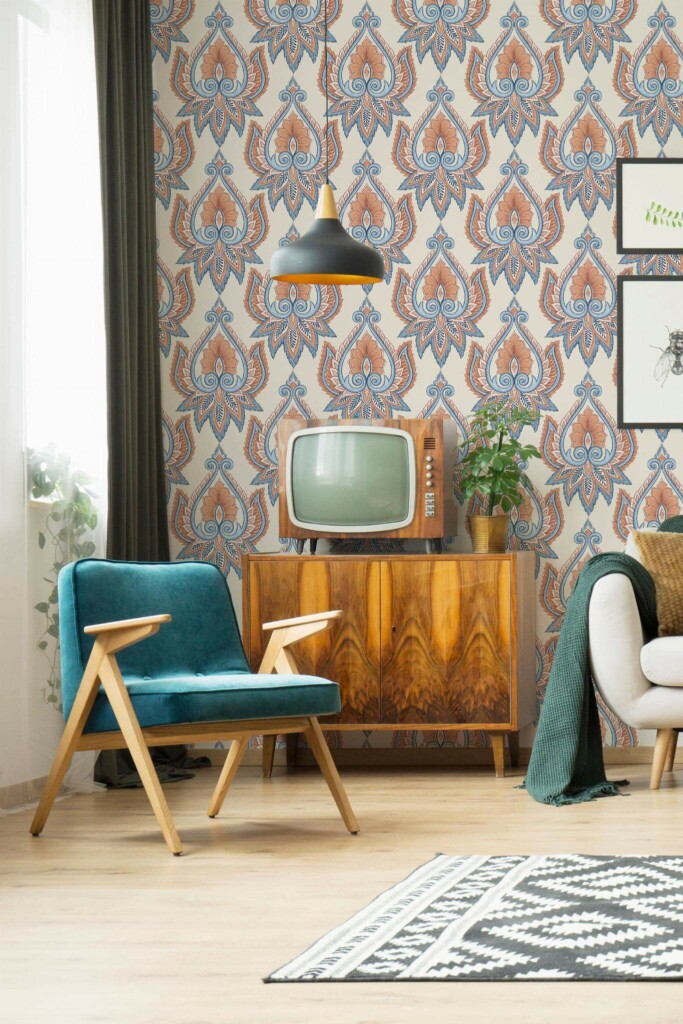Mid-century modern style living room decorated with Ethnic floral peel and stick wallpaper