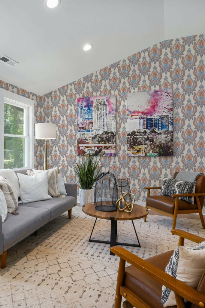 Mid-century modern style living room decorated with Ethnic floral peel and stick wallpaper and colorful funky artwork