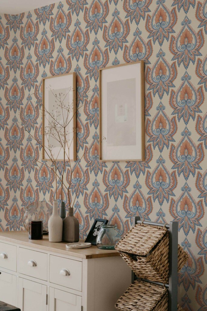 Scandinavian style bedroom decorated with Ethnic floral peel and stick wallpaper