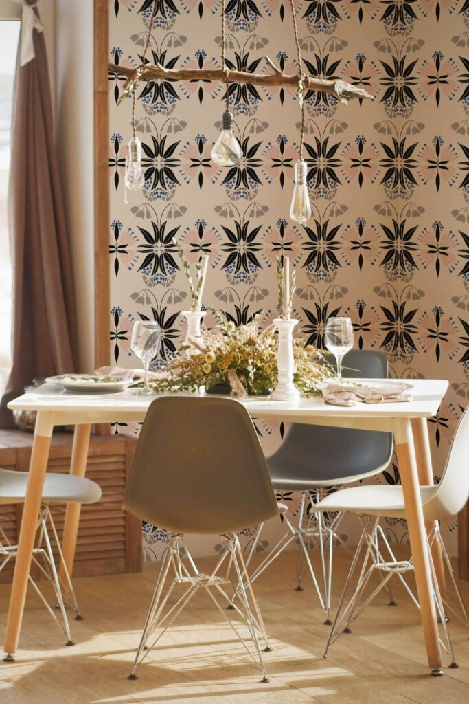 Modern boho style dining room decorated with Ethnic Scandinavian floral peel and stick wallpaper