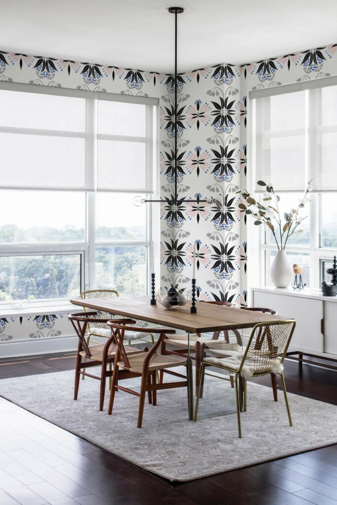 Modern minimalist style dining room decorated with Ethnic Scandinavian floral peel and stick wallpaper