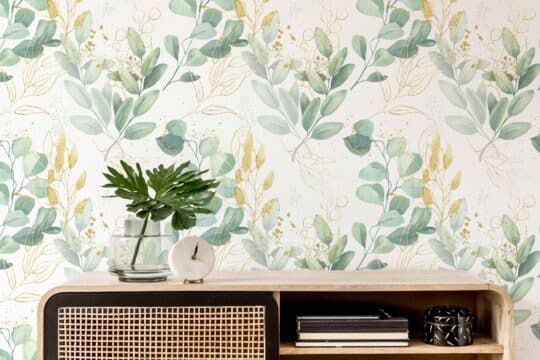 Green and white eucalyptus leaf self adhesive wallpaper