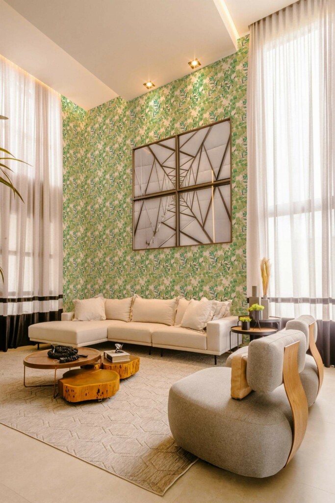 Contemporary style living room decorated with Eucalyptus leaf peel and stick wallpaper