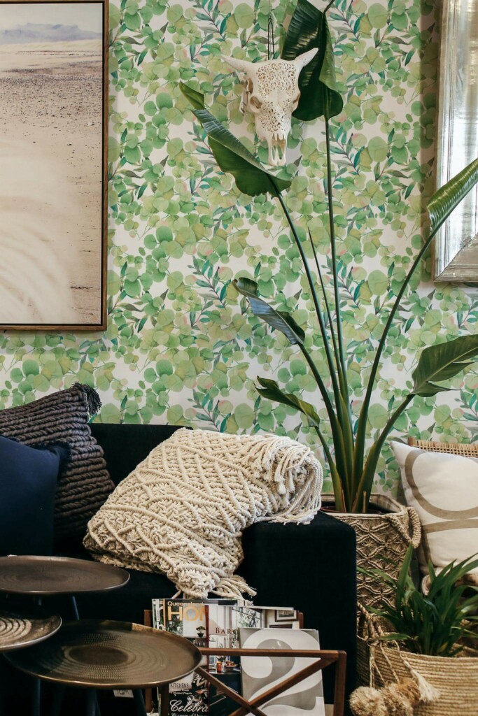 Scandinavian style living room decorated with Eucalyptus leaf peel and stick wallpaper
