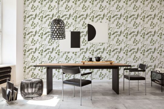 peel and stick wallpaper eucalyptus applied on home office wall