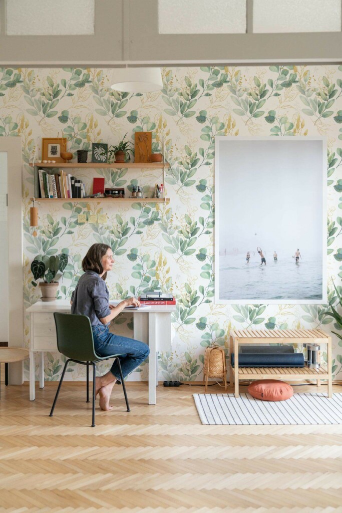 Simple Coastal style home office decorated with Eucalyptus plant peel and stick wallpaper