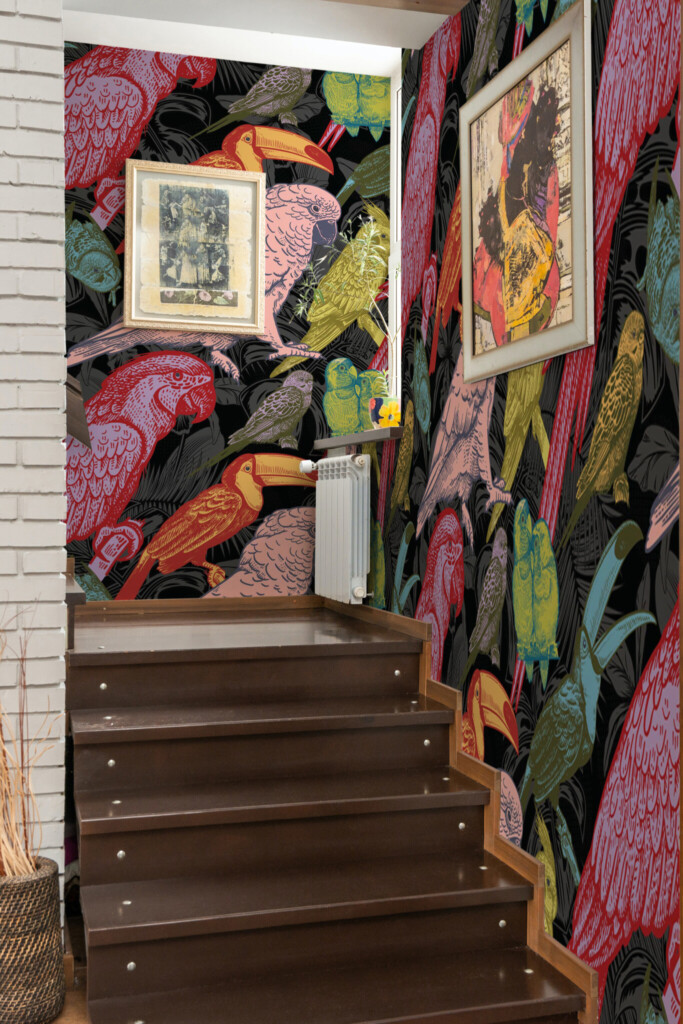 Peel and stick wall murals featuring colorful vintage birds on a dark background with tropical leaves by Fancy Walls