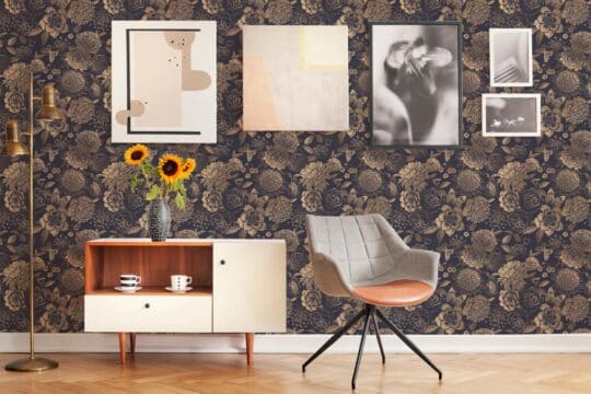 Dark blue and beige floral wallpaper for walls
