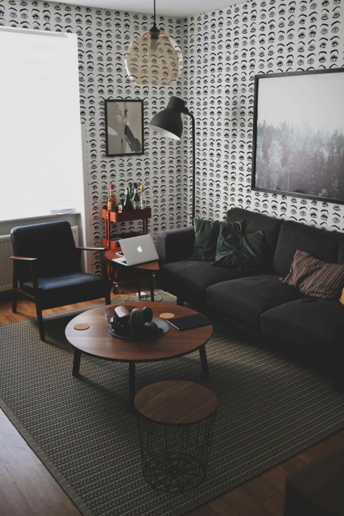 Modern dark industrial style living room decorated with Eye peel and stick wallpaper