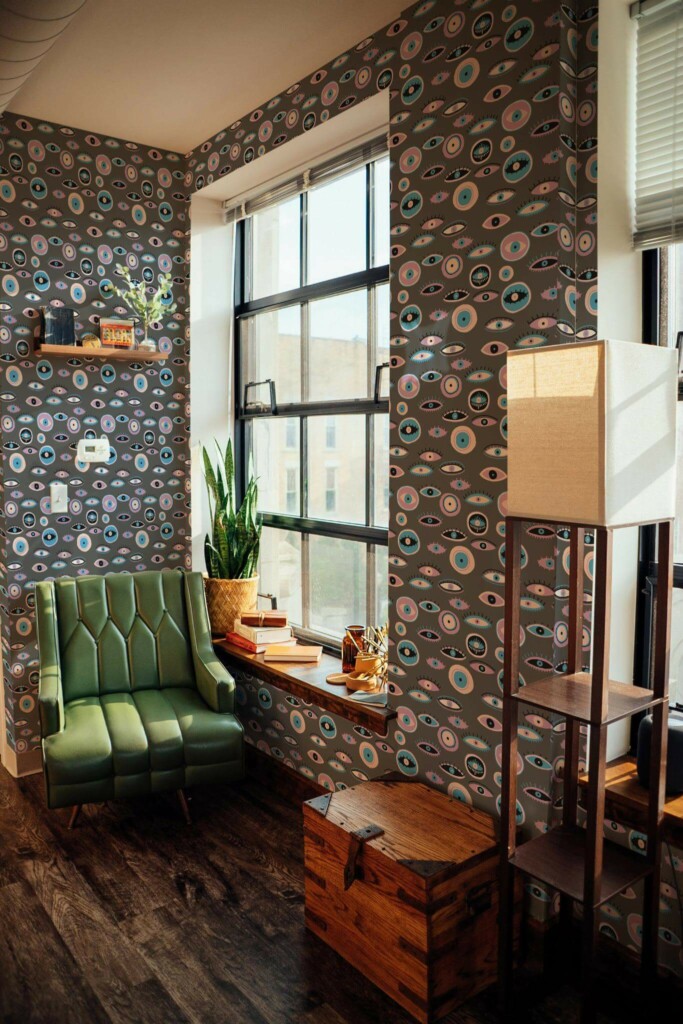 Mid-century style living room decorated with Eyes peel and stick wallpaper