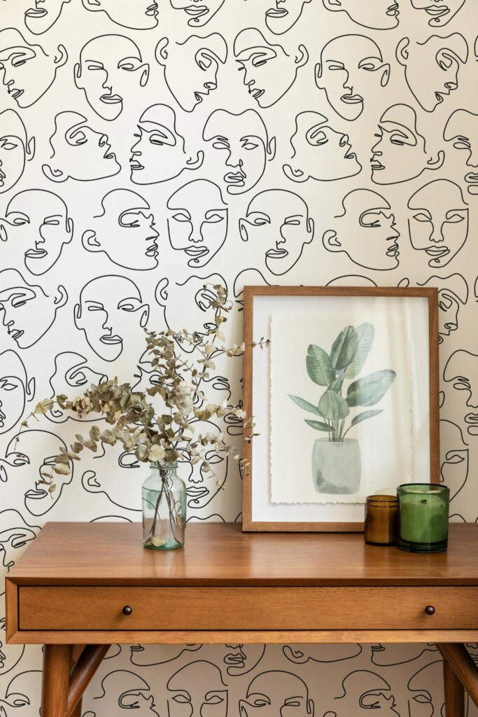 Mid-century modern style living room decorated with Face line art peel and stick wallpaper