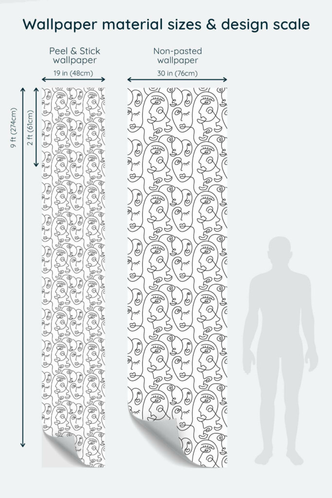 Size comparison of Faces one line Peel & Stick and Non-pasted wallpapers with design scale relative to human figure