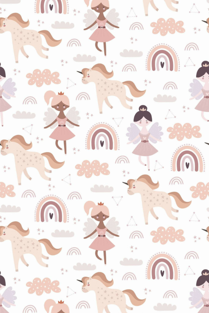 Pattern repeat of Fairy and unicorn nursery removable wallpaper design