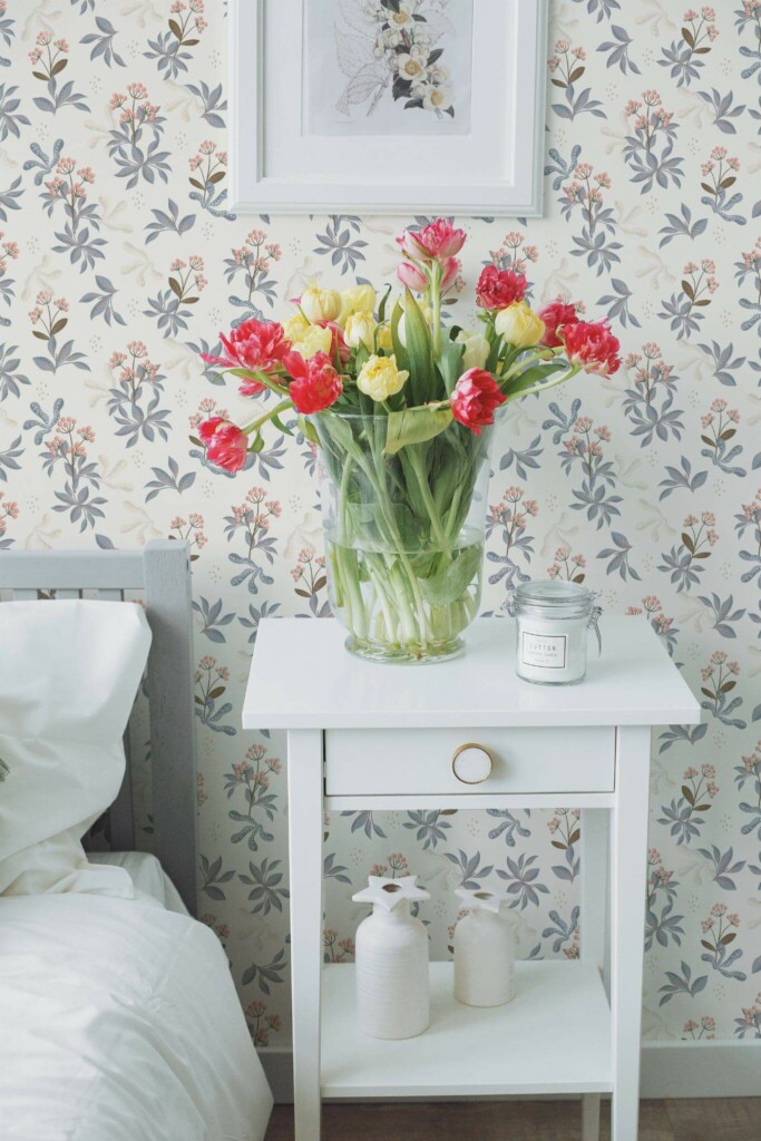 Farmhouse style bedroom decorated with Fall floral peel and stick wallpaper