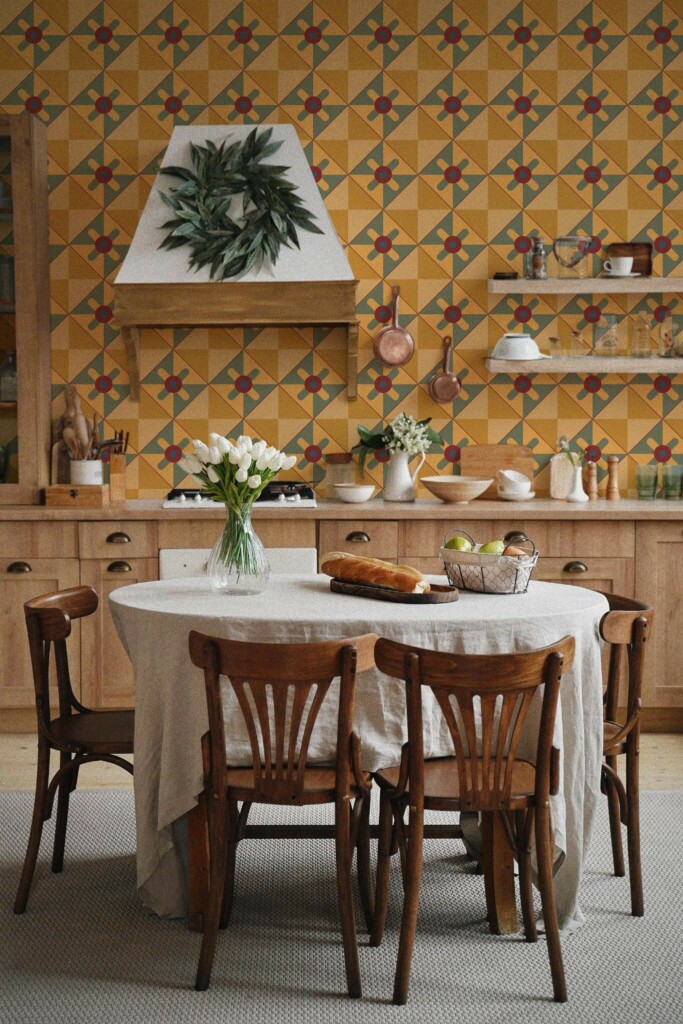 Boho farmhouse style kitchen dining room decorated with Fall geometry peel and stick wallpaper