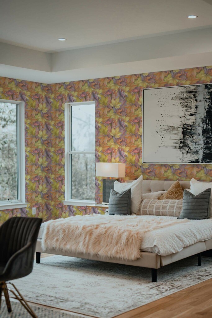 Luxury modern style bedroom decorated with Fall leaf peel and stick wallpaper