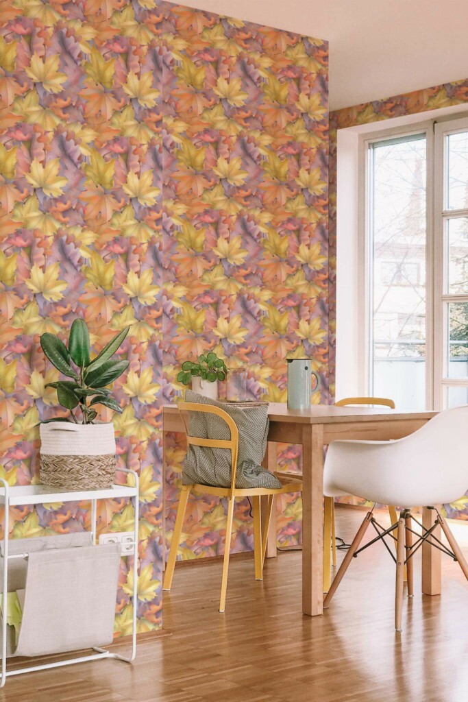 Minimal scandinavian style dining room decorated with Fall leaf peel and stick wallpaper