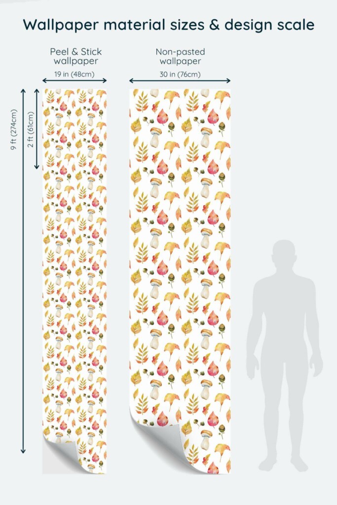 Size comparison of Fall leaf Peel & Stick and Non-pasted wallpapers with design scale relative to human figure