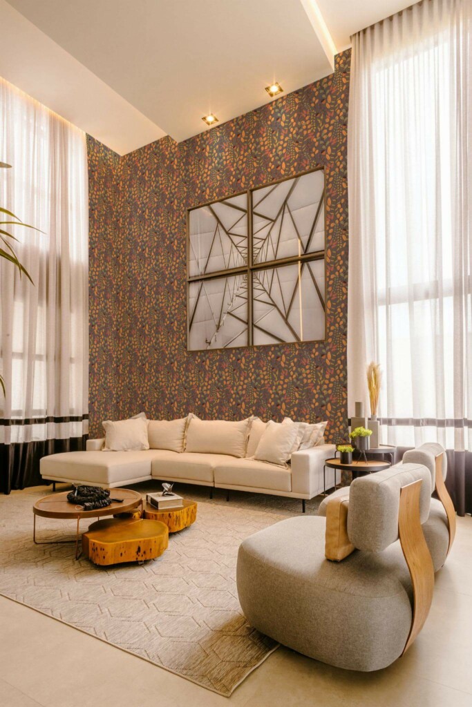 Contemporary style living room decorated with Fall peel and stick wallpaper