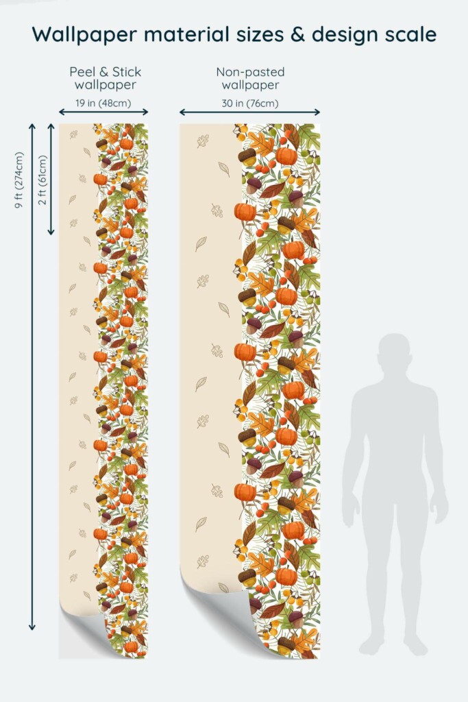 Size comparison of Fall thanksgiving Peel & Stick and Non-pasted wallpapers with design scale relative to human figure