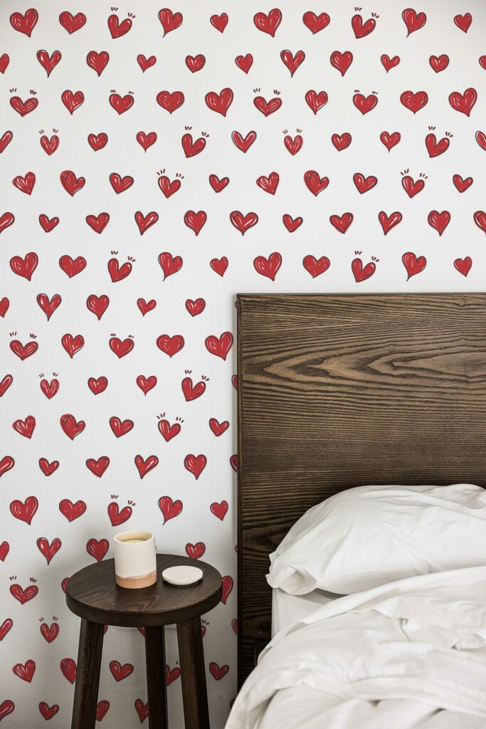 Traditional Wallpaper with Handdrawn Hearts in Red by Fancy Walls