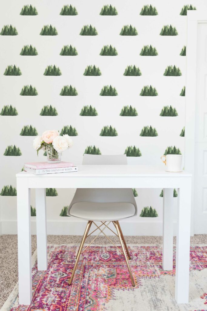Fancy Walls removable wallpaper depicting a white watercolor pine forest