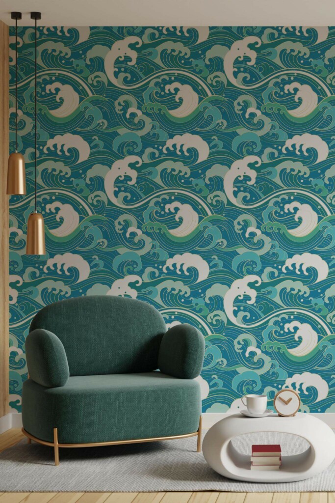 Contemporary style living room decorated with Fancy waves peel and stick wallpaper