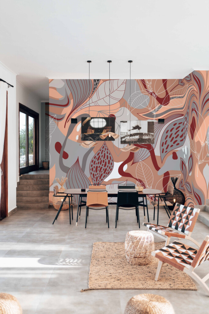 Fancy Walls mural for wall showing bold abstract botanicals in gray with red accents