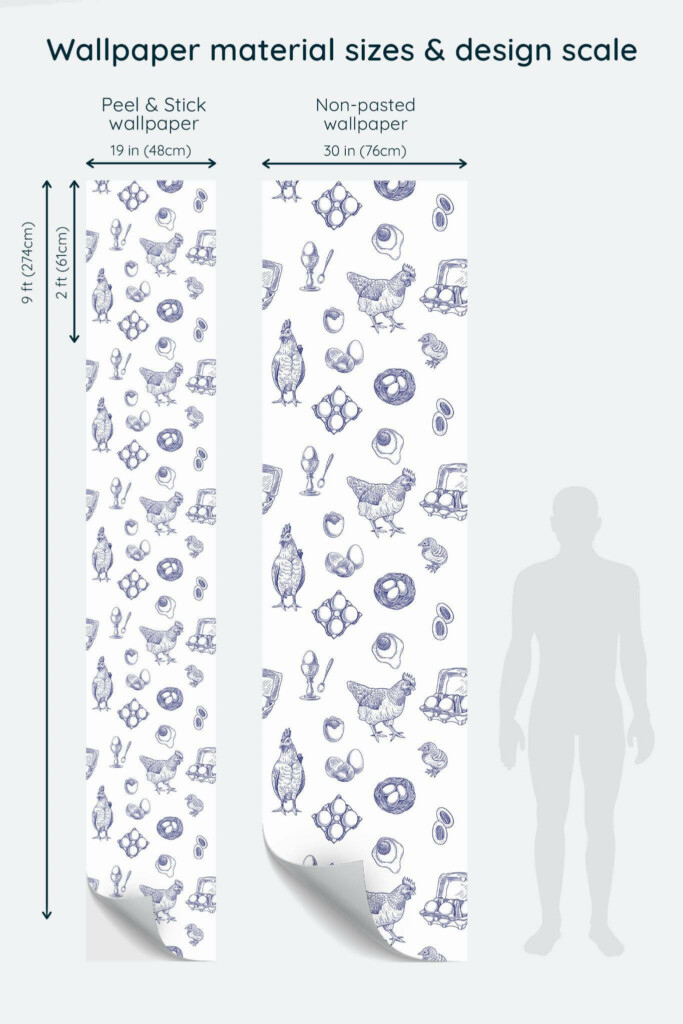 Size comparison of Farmhouse chicken Peel & Stick and Non-pasted wallpapers with design scale relative to human figure