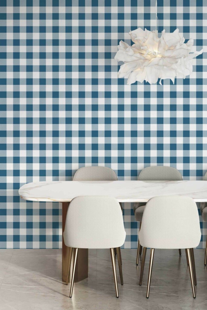 Minimal modern style dining room decorated with Farmhouse gingham peel and stick wallpaper