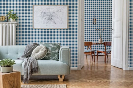 plaid blue and white traditional wallpaper