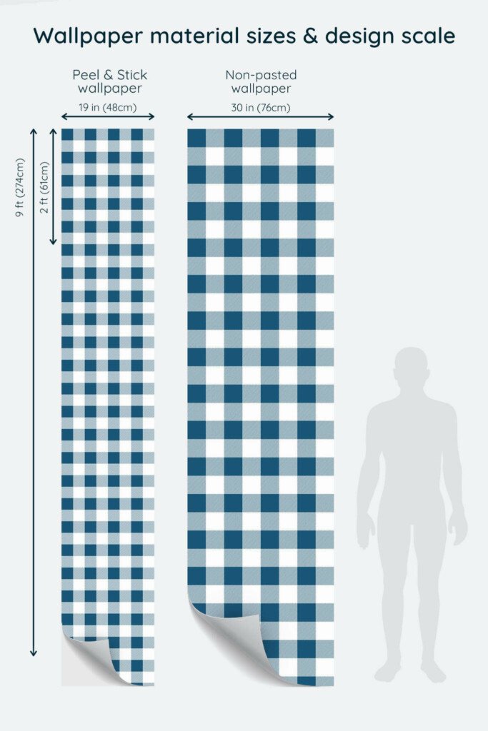 Size comparison of Farmhouse plaid Peel & Stick and Non-pasted wallpapers with design scale relative to human figure