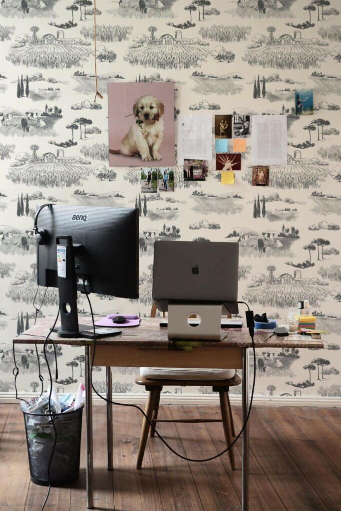 Rustic Farmhouse style home office decorated with Farmhouse toile peel and stick wallpaper