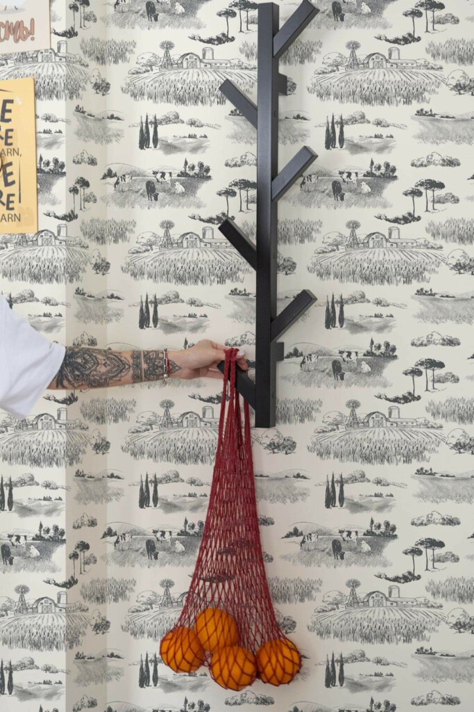 Scandinavian style kitchen decorated with Farmhouse toile peel and stick wallpaper