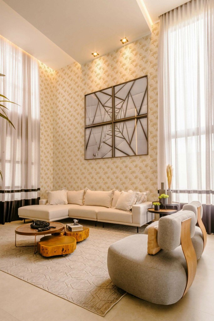Contemporary style living room decorated with Faux metallic ginco peel and stick wallpaper