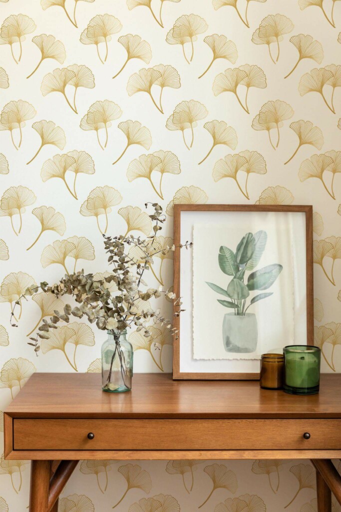Mid-century modern style living room decorated with Faux metallic ginco peel and stick wallpaper