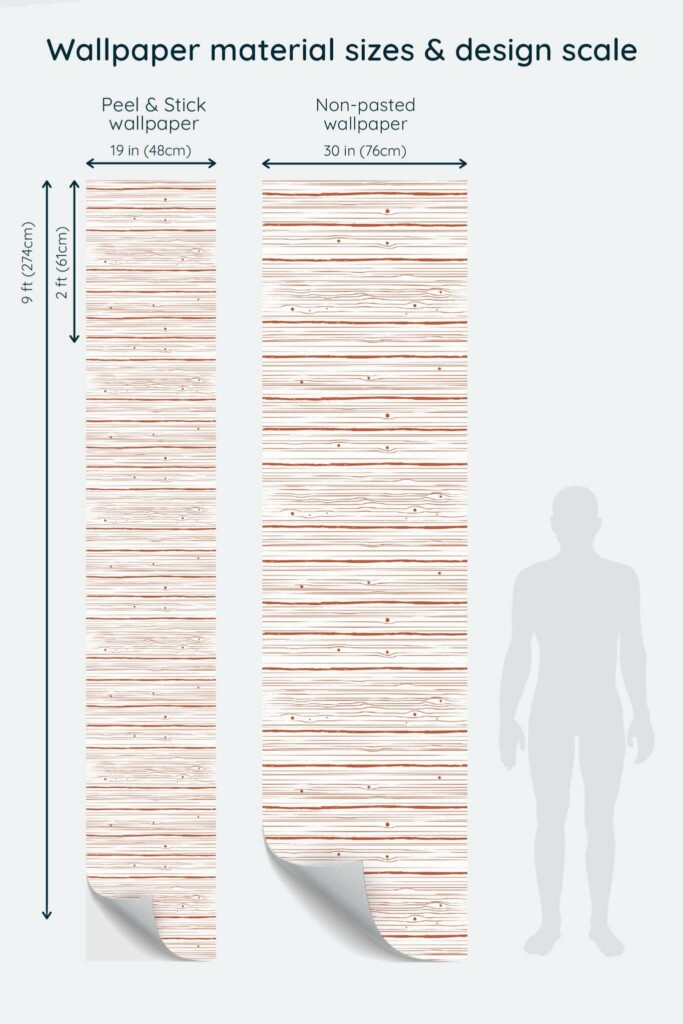 Size comparison of Faux wood Peel & Stick and Non-pasted wallpapers with design scale relative to human figure