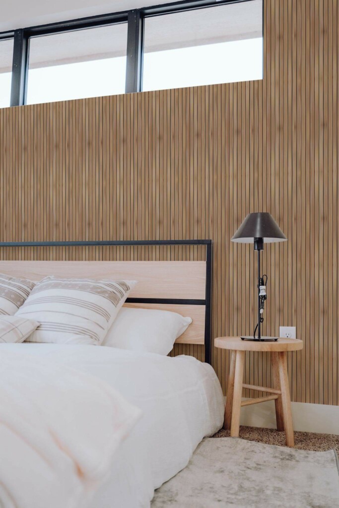 Scandinavian style bedroom decorated with Faux wooden slats peel and stick wallpaper