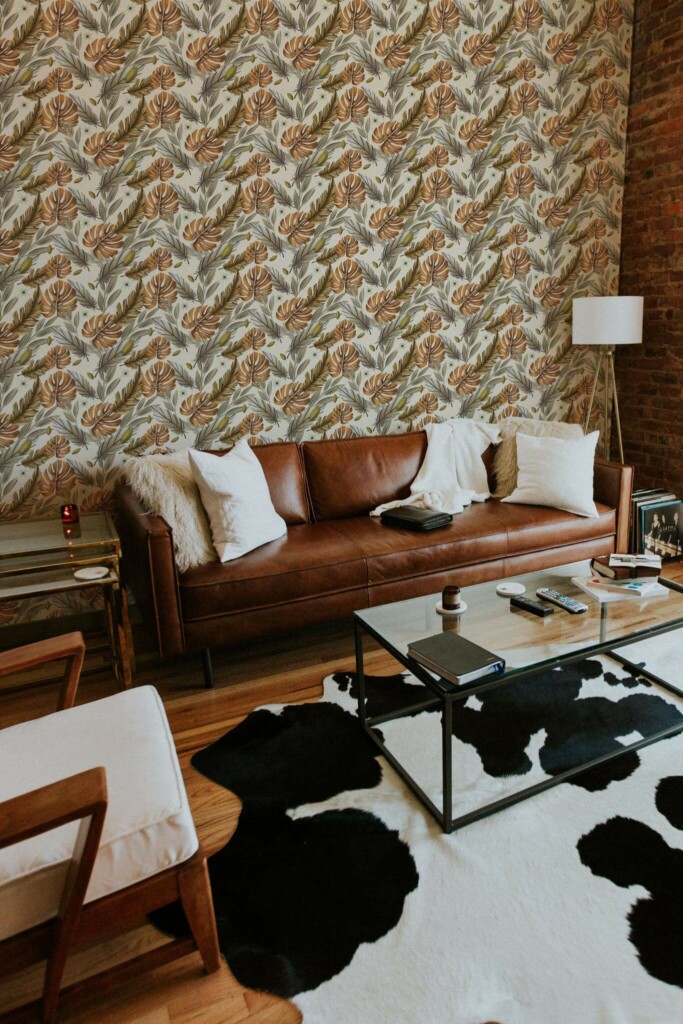 Mid-century modern style living room decorated with Feather boho peel and stick wallpaper