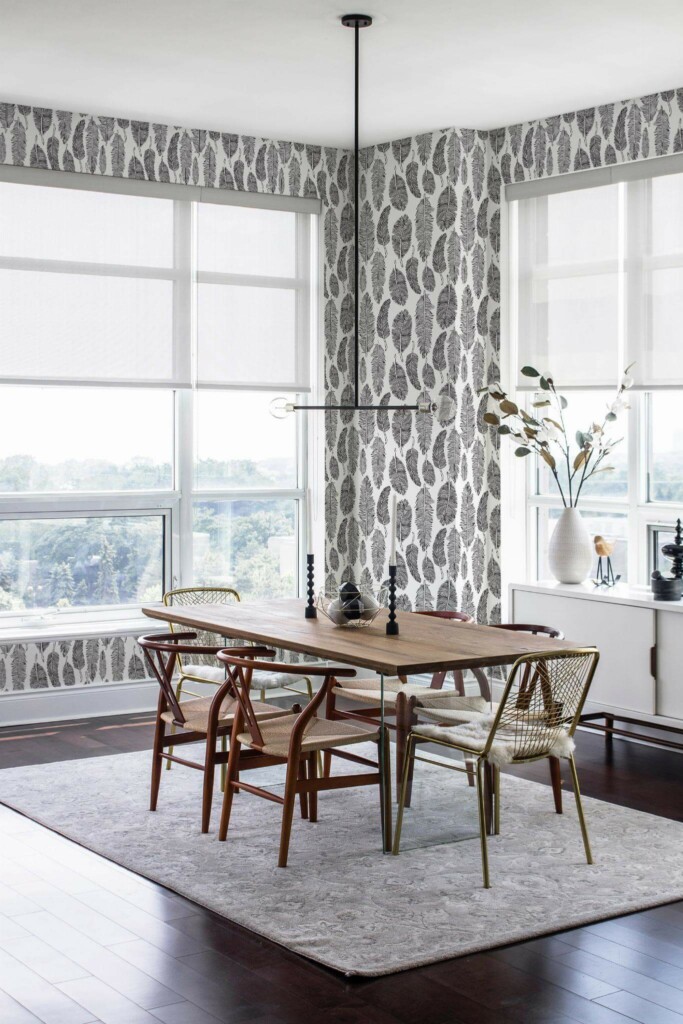 Modern minimalist style dining room decorated with Feather peel and stick wallpaper