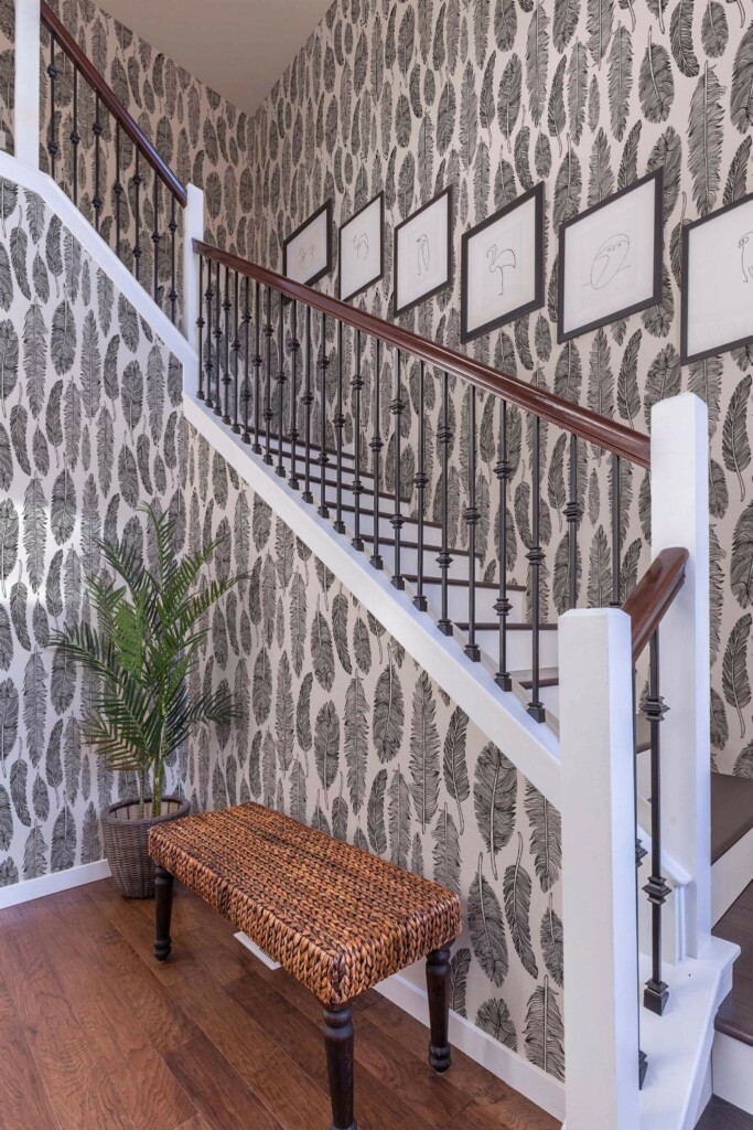 Rustic style entryway decorated with Feather peel and stick wallpaper