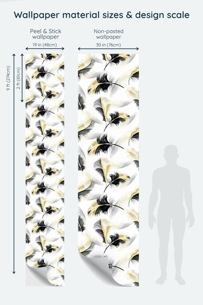 Size comparison of Feather Peel & Stick and Non-pasted wallpapers with design scale relative to human figure