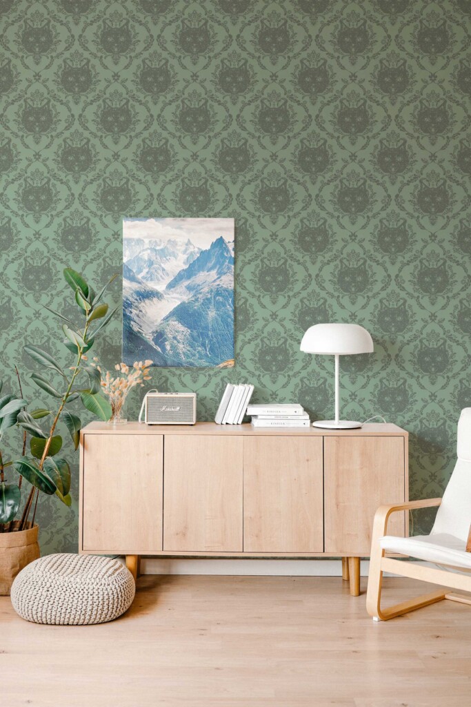 Gothic cat design on sage green background self-adhesive wallpaper by Fancy Walls