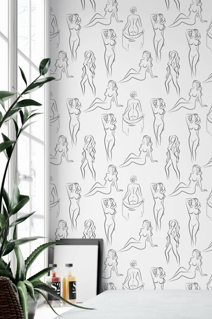 Minimal style home office decorated with Female body peel and stick wallpaper