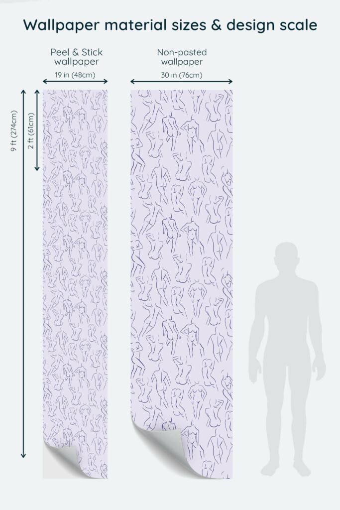 Size comparison of Female body Peel & Stick and Non-pasted wallpapers with design scale relative to human figure