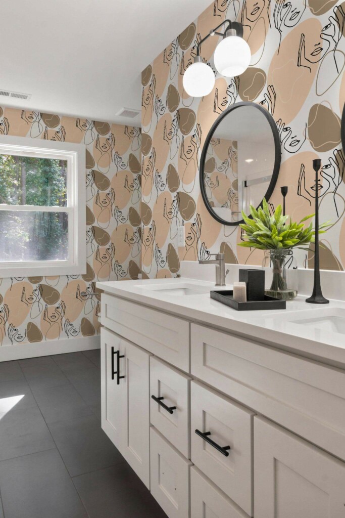 Scandinavian farmhouse style powder room decorated with Feminine face peel and stick wallpaper