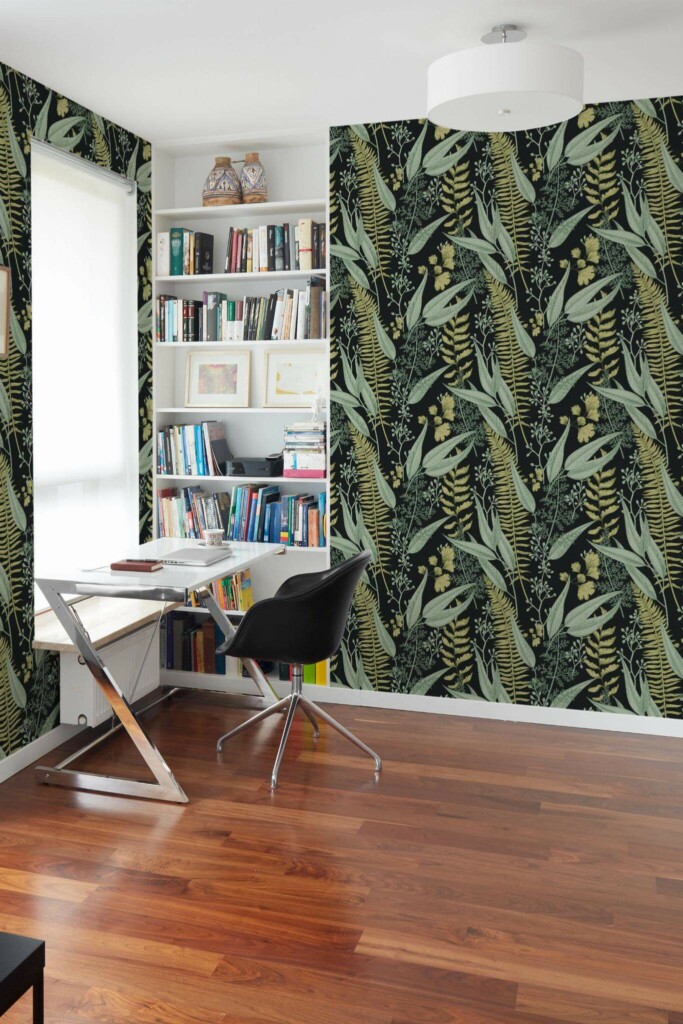 Minimal style home office decorated with Fern leaf peel and stick wallpaper